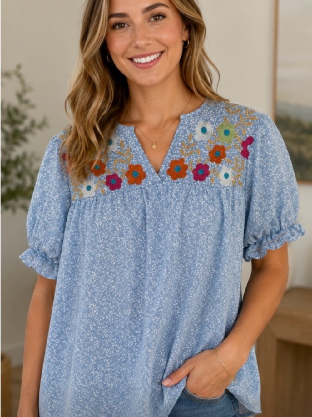 Light Blue Embroidered Floral Yoke Tunic Top